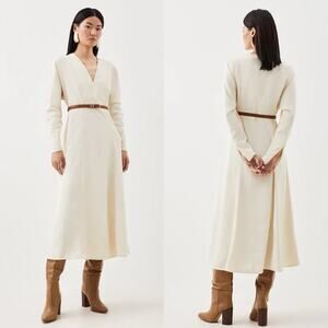 NWT Karen Millen Twill Belted Midi Dress Size 10 Petit Quiet Luxury chic
